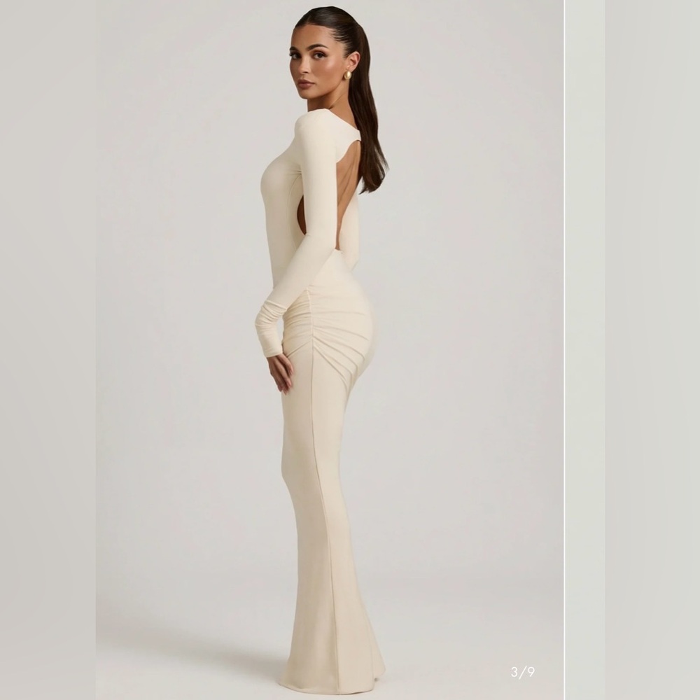 Oh Polly Modal Ruched Backless Maxi Dress in Ivory